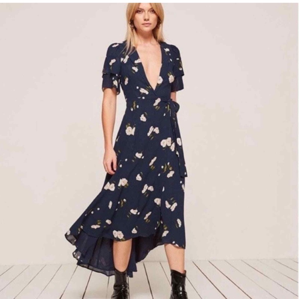 Reformation Blue and White Ruffled Maxi Dress V-Neck Flutter Sleeves